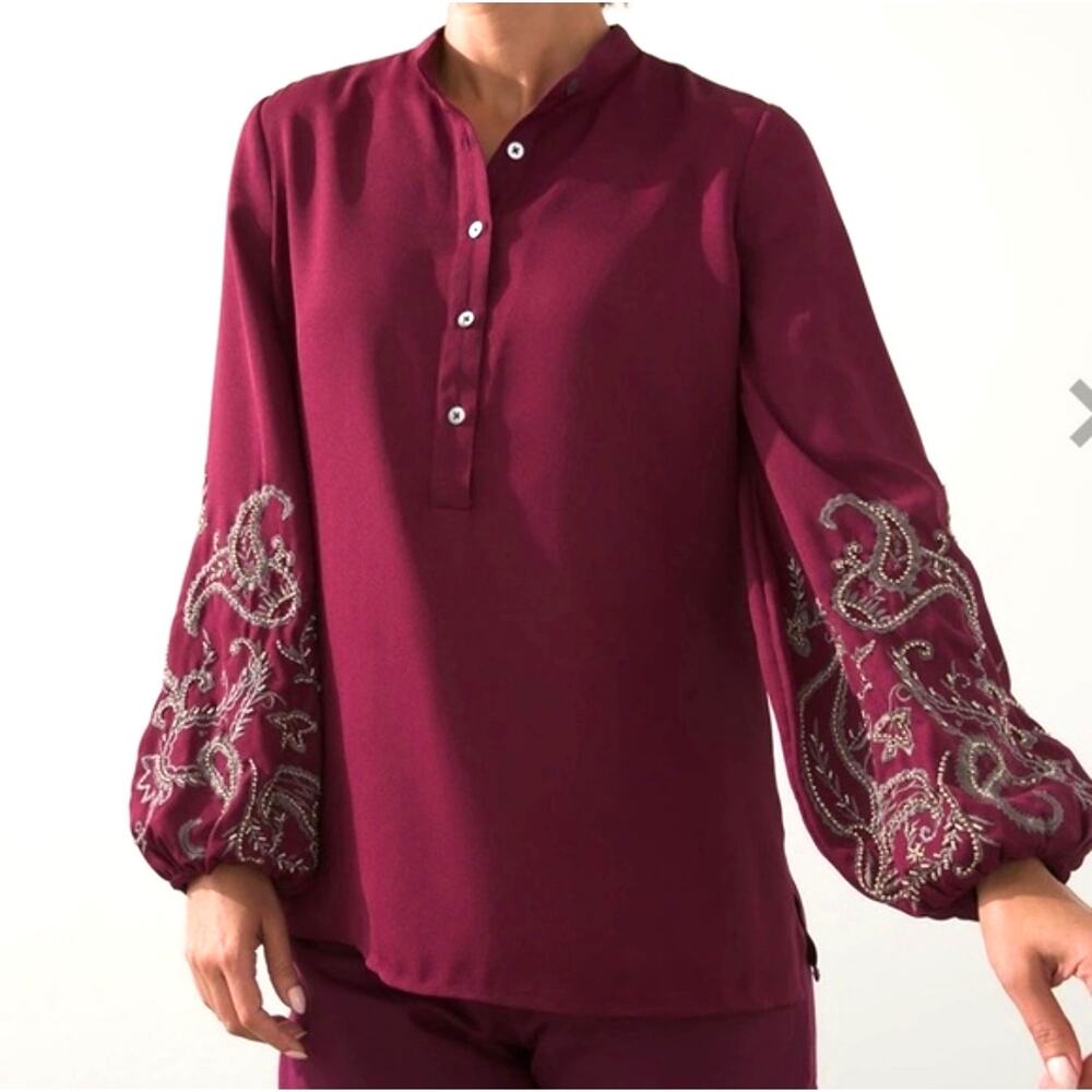 Chicos Burgundy Red Embellished Paisley Embroidered Bishop Sleeves Sz 1 Medium